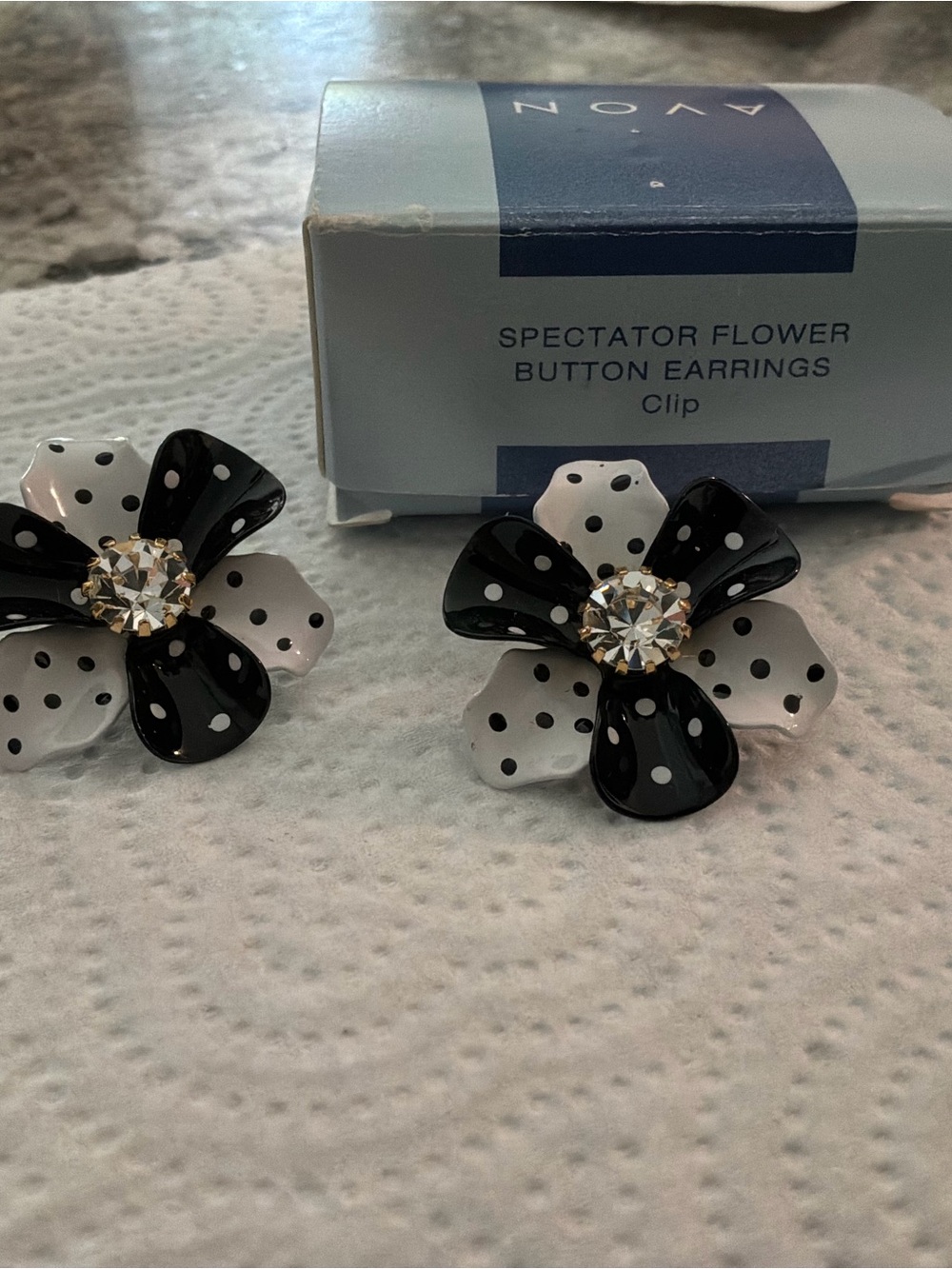 Vintage AVON Black & White Polka Dot Enamel Flower Clip On Earrings